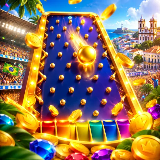 Pirâmide de pinos do Plinko Drop com bolinha caindo entre multiplicadores