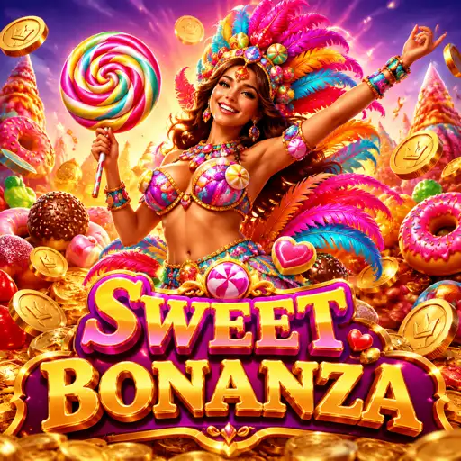 Sweet Bonanza com frutas coloridas, pirulitos e multiplicadores na tela